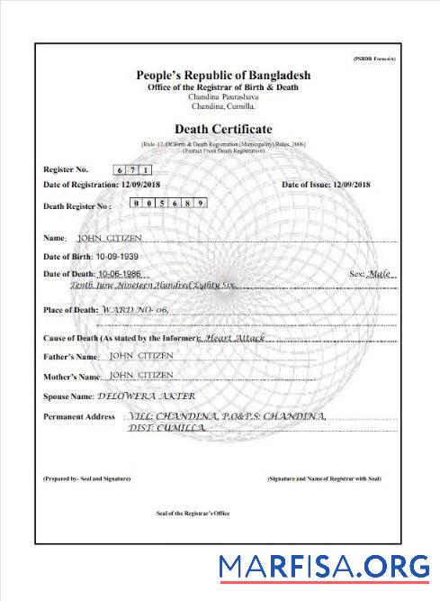 Printable Bangladesh Office of the register of birth and death death certificate real example